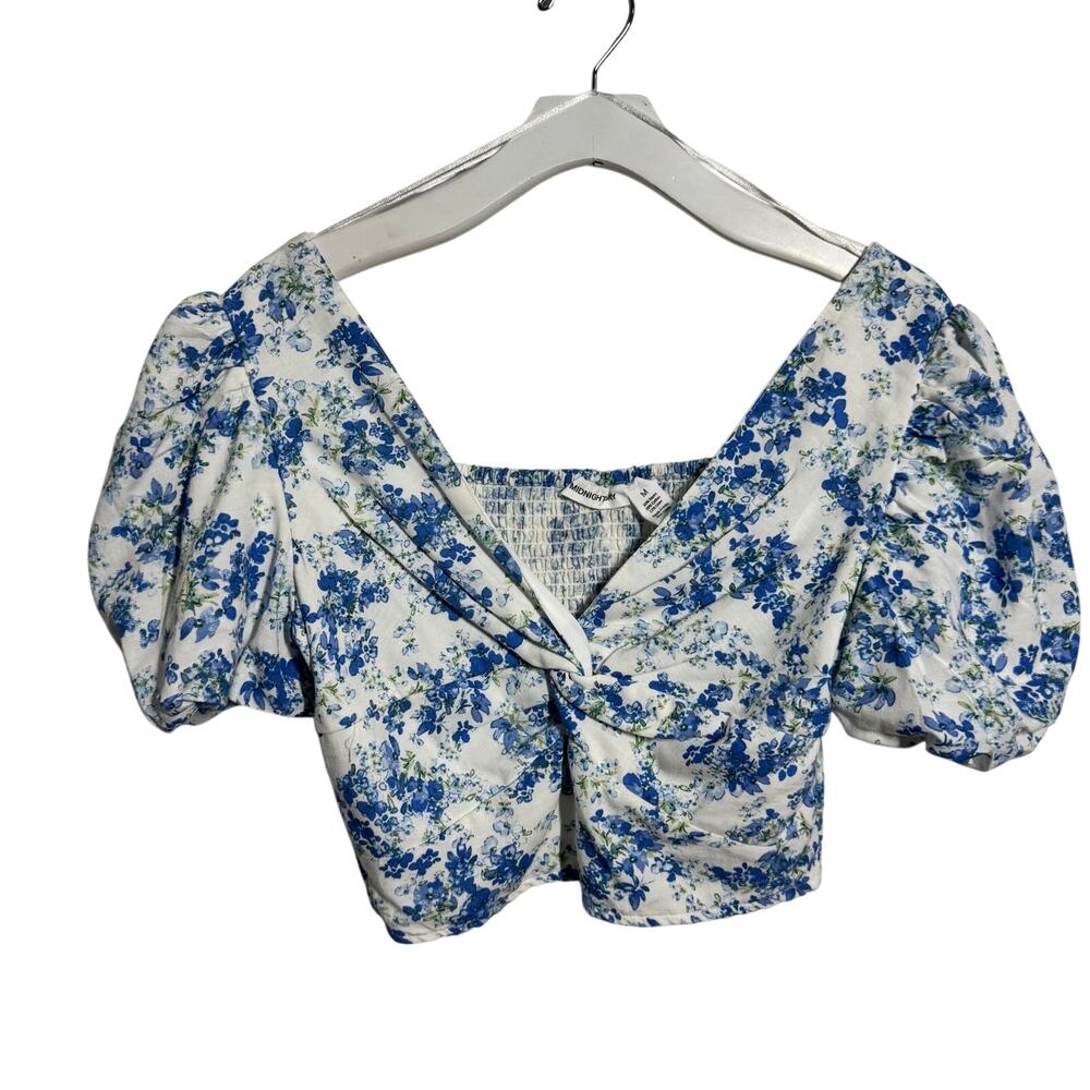 Midnight Sky Linen Cotton Crop Puff Sleeve Top Women M BlueWhite Coastal Cottage